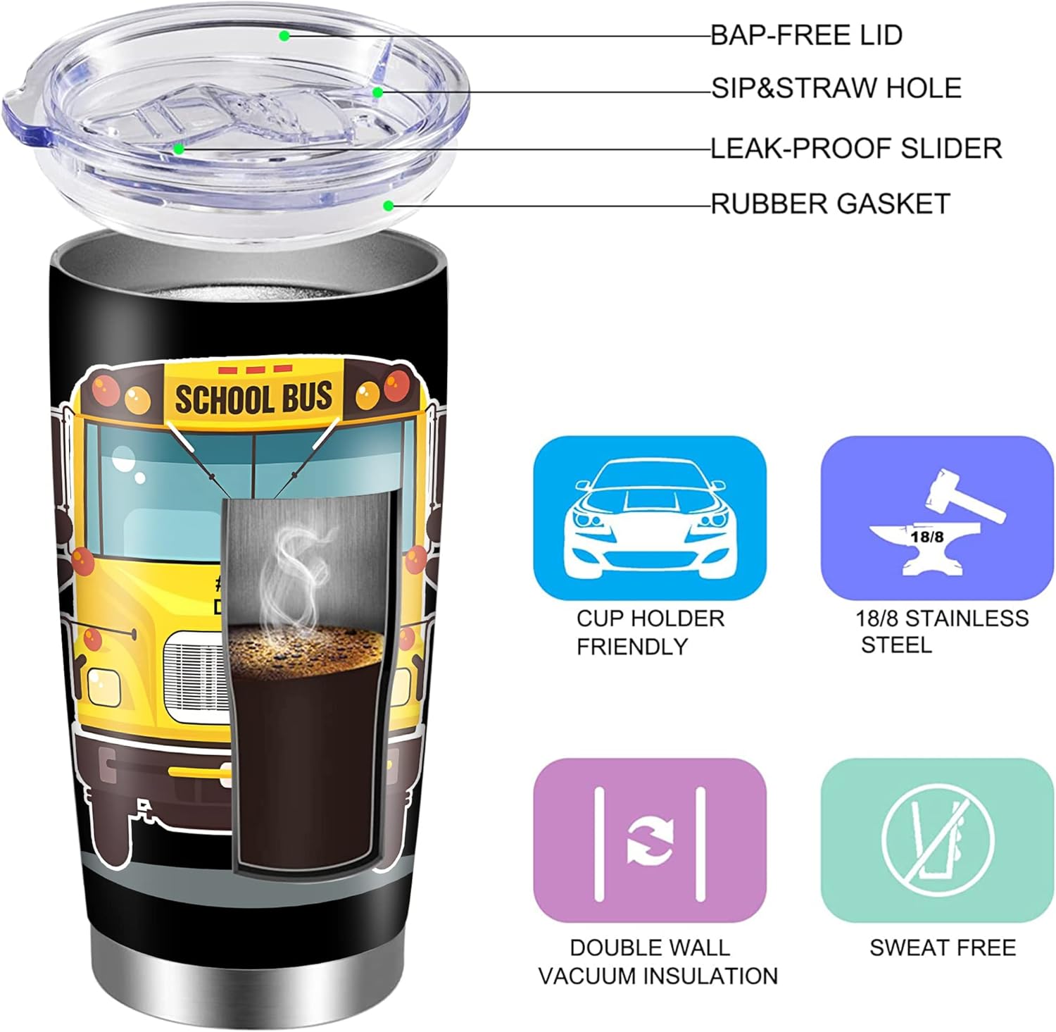 Bus Driver Gifts for Women Men, School Bus Driver Appreciation Gifts, 20oz Bus Driver Tumbler Cup, School Bus Driver Coffee Travel Mug, Bus Driver Insulated Stainless Steel Drinking Cup